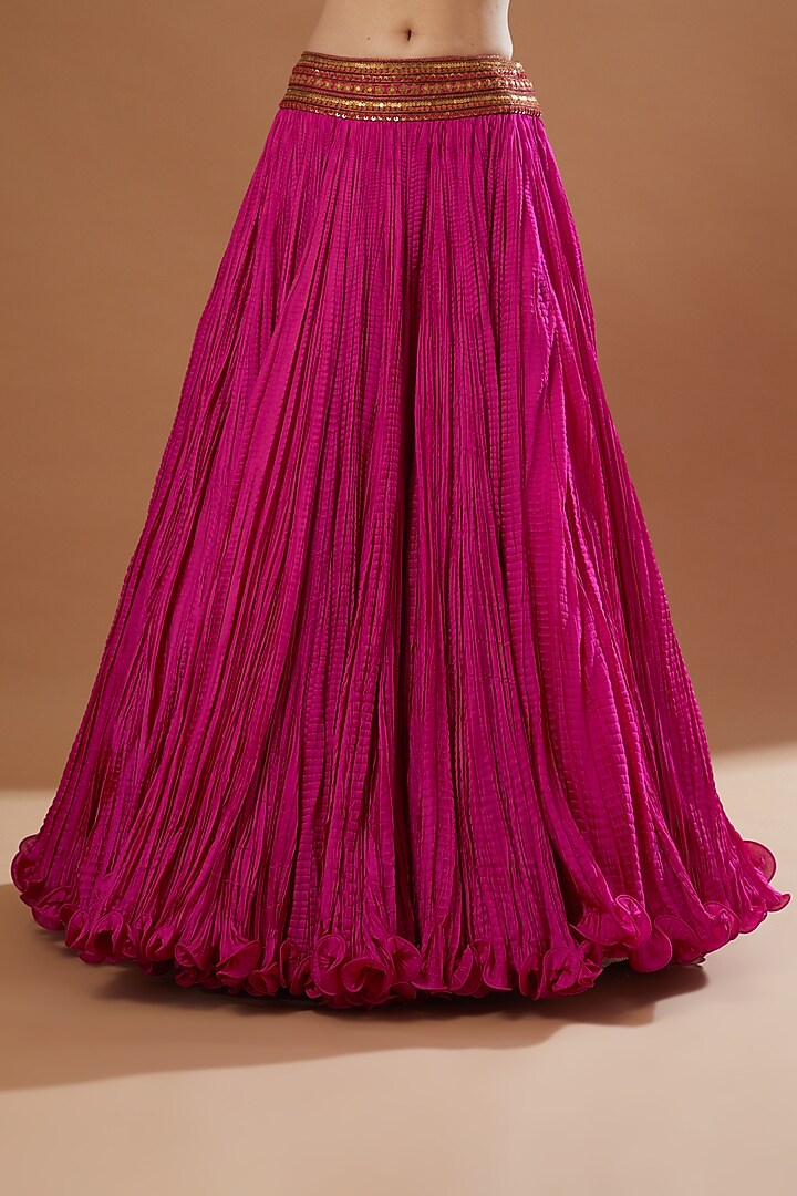 Magenta Chanderi & Mulmul Crushed Wedding Lehenga Set by Debyani at Pernia's Pop Up Shop