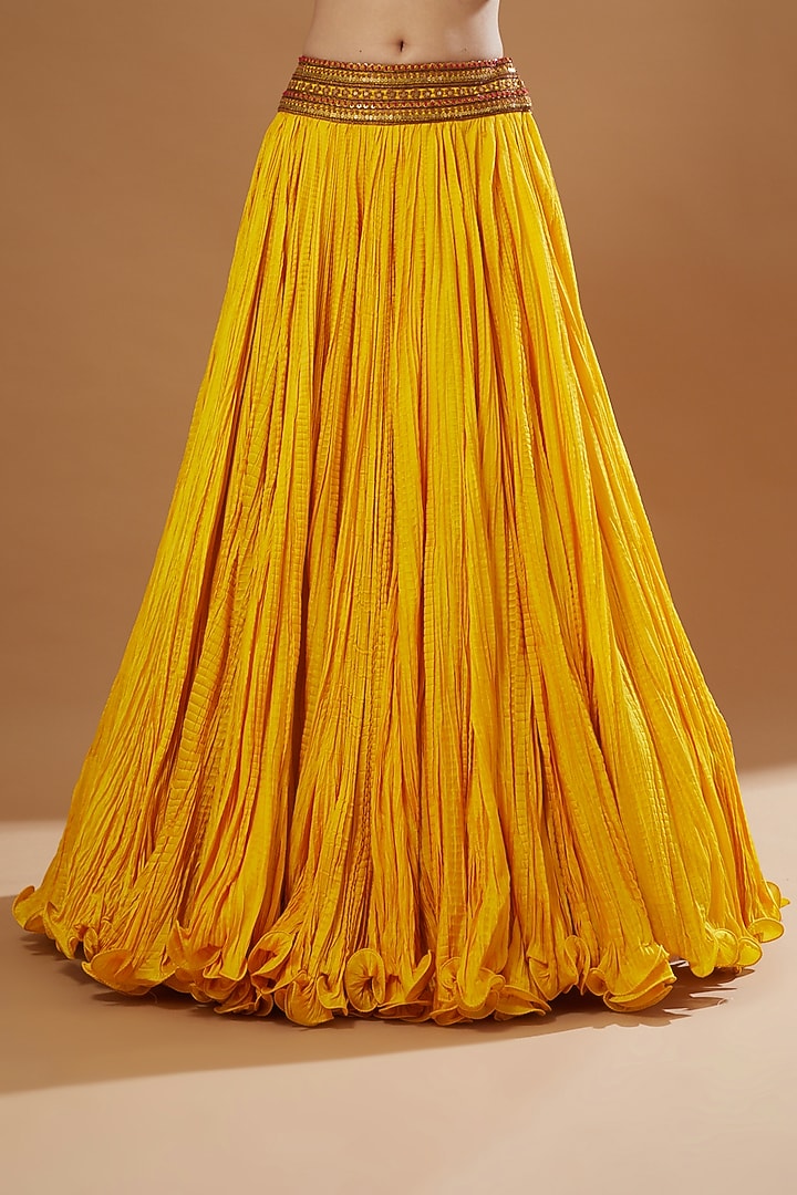 Mustard Chanderi & Mulmul Crushed Wedding Lehenga Set by Debyani at Pernia's Pop Up Shop