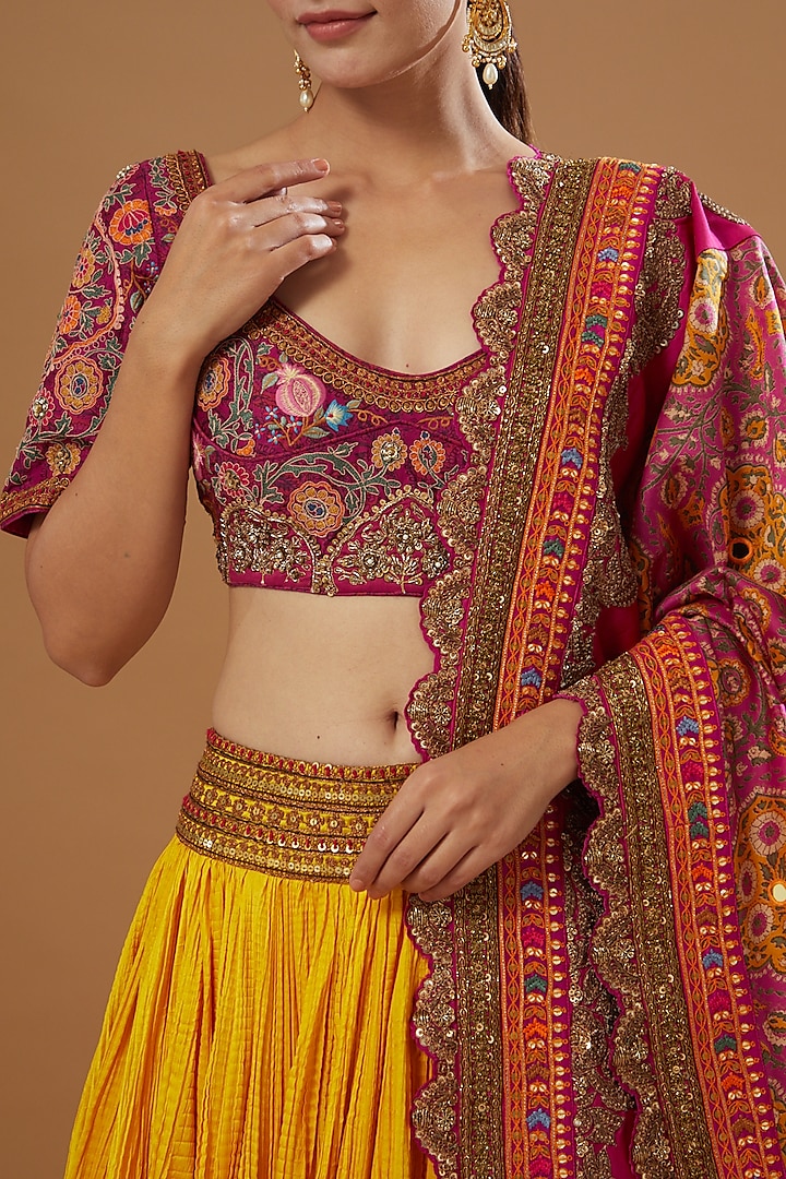 Mustard Chanderi & Mulmul Crushed Wedding Lehenga Set by Debyani at Pernia's Pop Up Shop