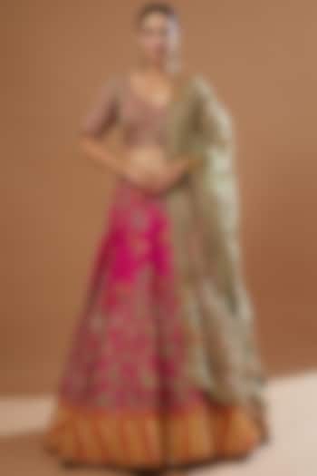 Magenta Raw Silk & Chanderi Bridal Lehenga Set by Debyani at Pernia's Pop Up Shop