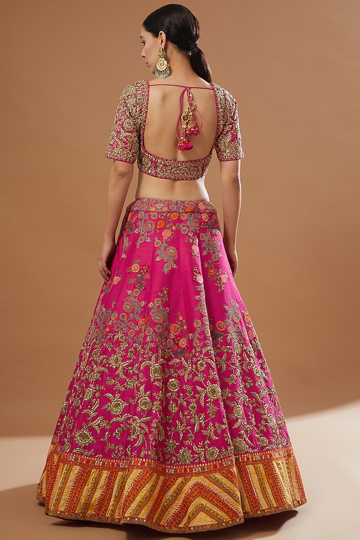 Magenta Raw Silk & Chanderi Bridal Lehenga Set by Debyani at Pernia's Pop Up Shop