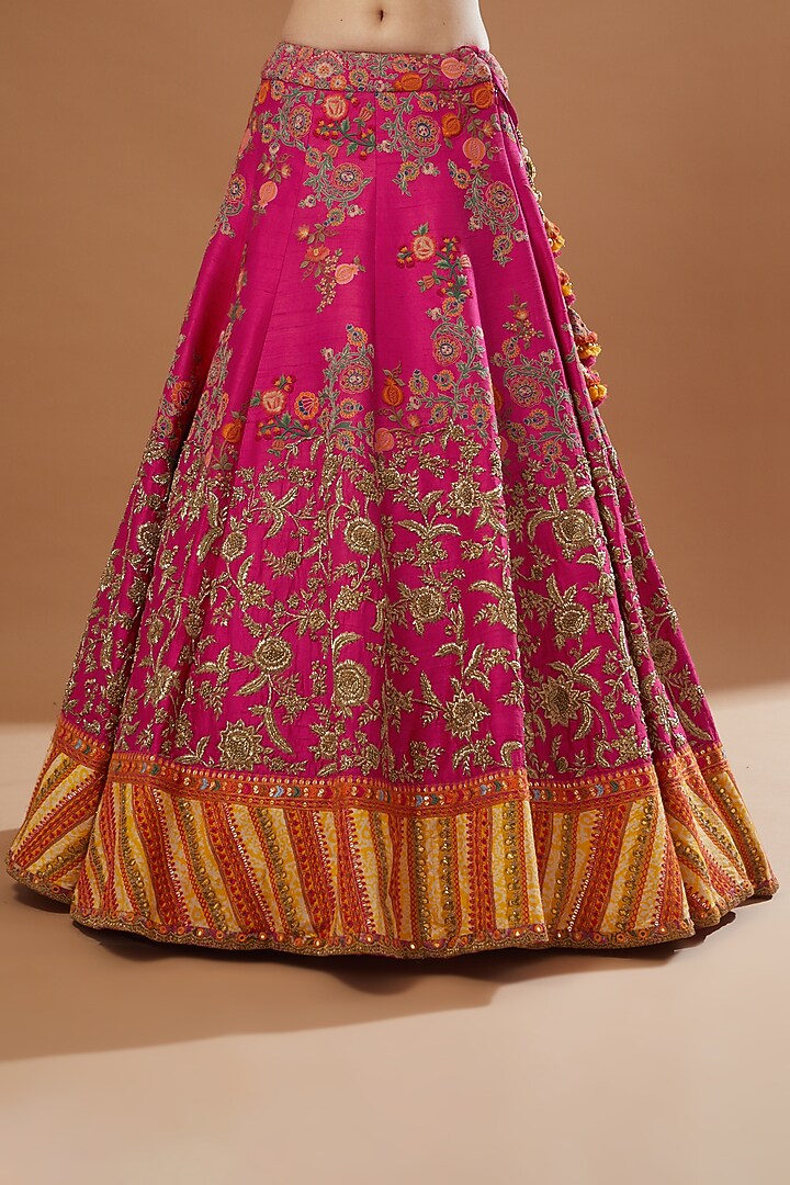 Magenta Raw Silk & Chanderi Bridal Lehenga Set by Debyani at Pernia's Pop Up Shop