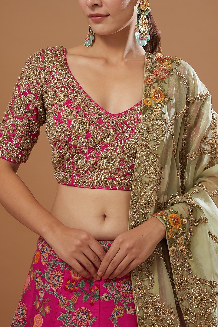 Magenta Raw Silk & Chanderi Bridal Lehenga Set by Debyani at Pernia's Pop Up Shop