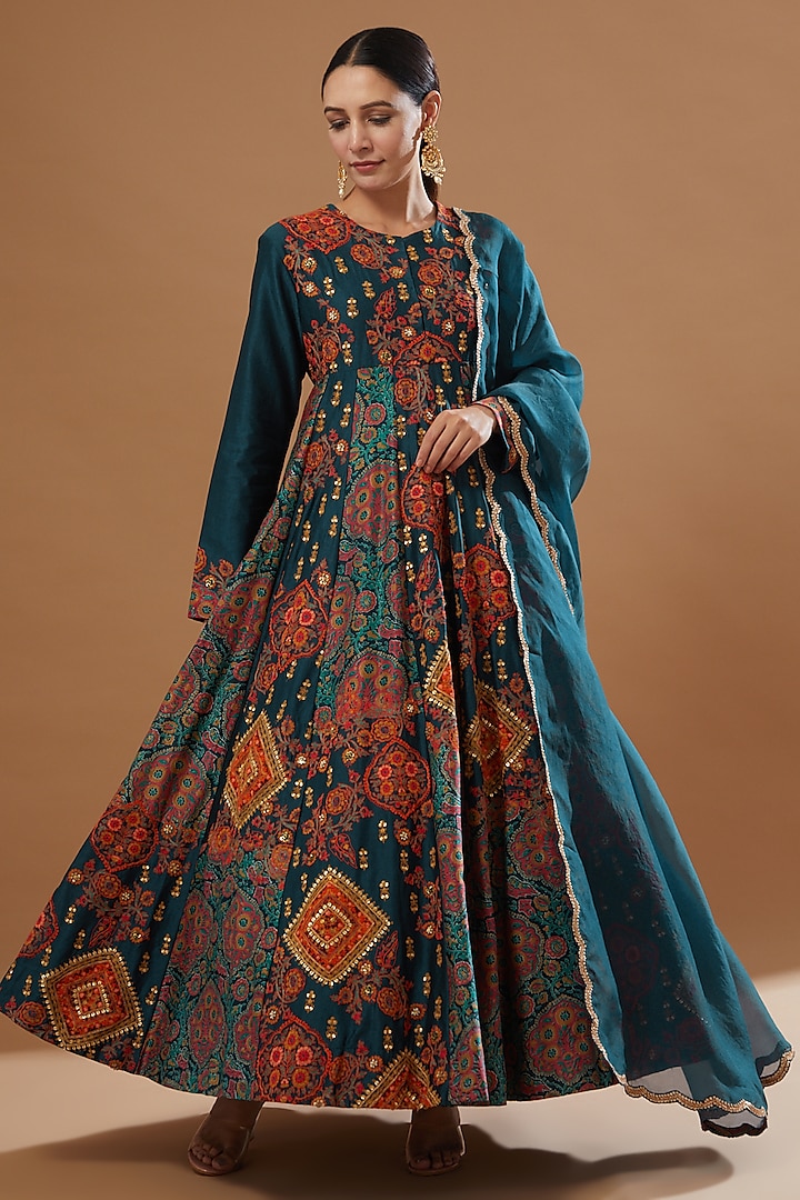 Blue Chanderi Bridal Anarkali Set by Debyani at Pernia's Pop Up Shop