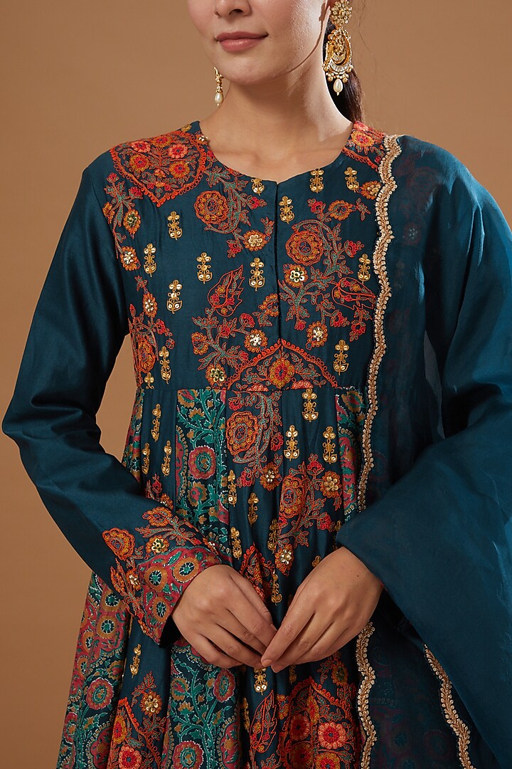 Blue Chanderi Bridal Anarkali Set by Debyani at Pernia's Pop Up Shop