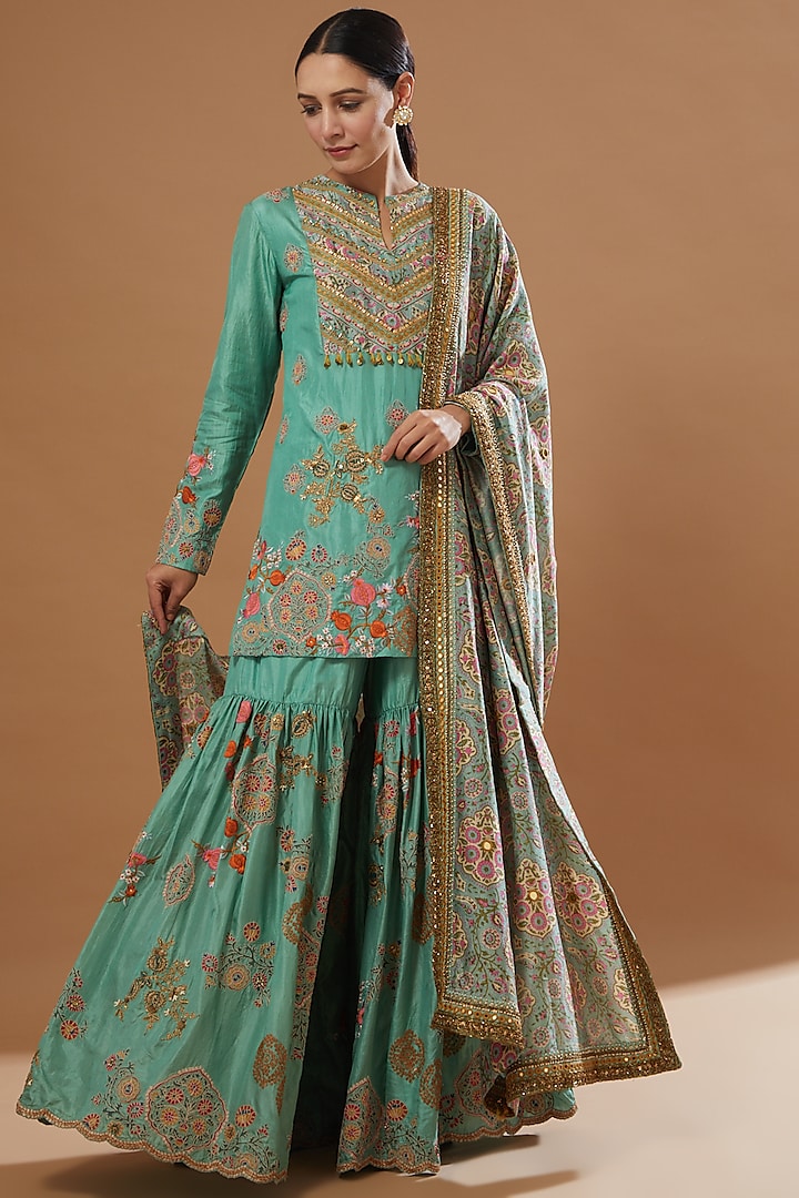 Turquoise Bangalore Silk Bridal Sharara Set by Debyani at Pernia's Pop Up Shop