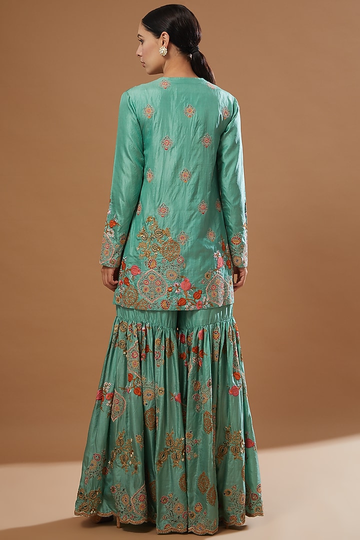 Turquoise Bangalore Silk Bridal Sharara Set by Debyani at Pernia's Pop Up Shop