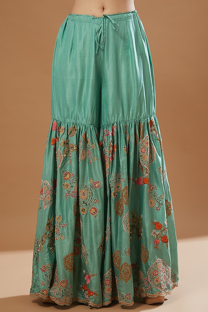 Turquoise Bangalore Silk Bridal Sharara Set by Debyani at Pernia's Pop Up Shop