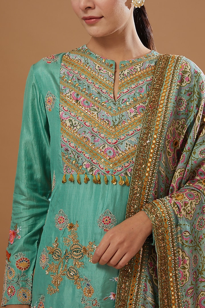 Turquoise Bangalore Silk Bridal Sharara Set by Debyani at Pernia's Pop Up Shop