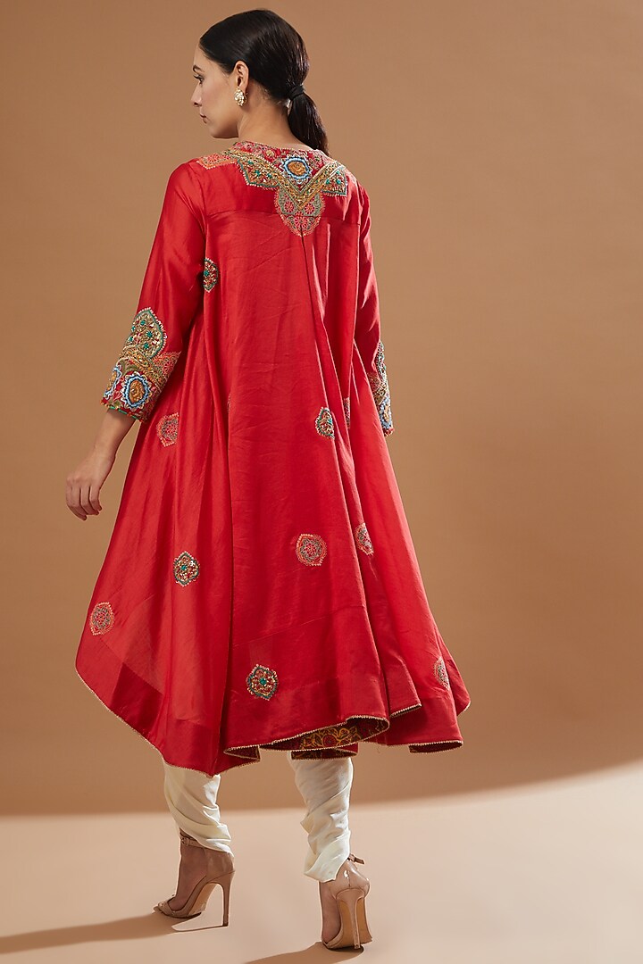 Red Chanderi Trail Jacket Set by Debyani at Pernia's Pop Up Shop