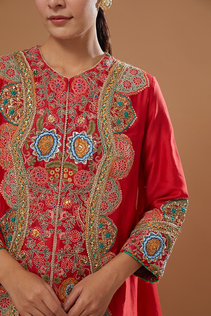 Red Chanderi Trail Jacket Set by Debyani at Pernia's Pop Up Shop