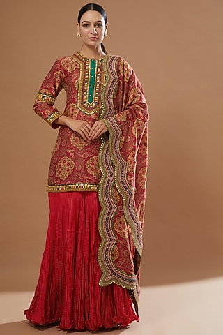 Red Chanderi & Mulmul Sharara Set by Debyani