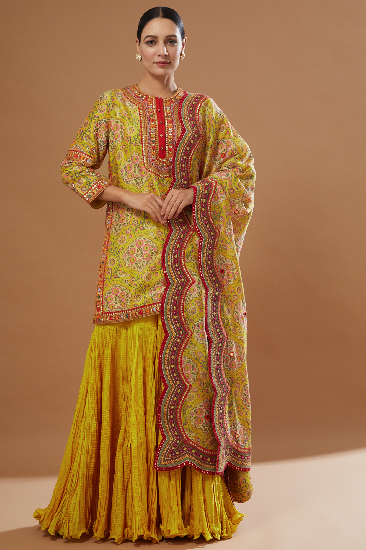 Mustard Chanderi & Mulmul Wedding Sharara Set by Debyani at Pernia's Pop Up Shop