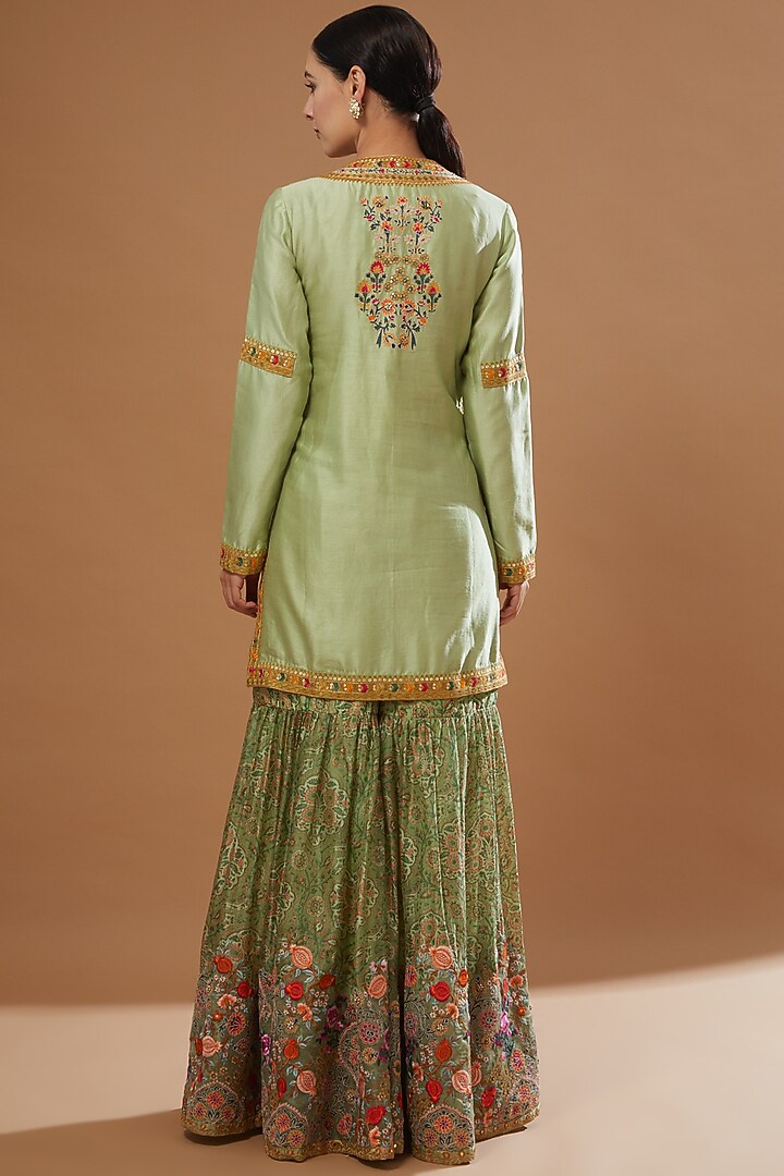 Pista Green Chanderi & Mulmul Bridal Sharara Set by Debyani at Pernia's Pop Up Shop