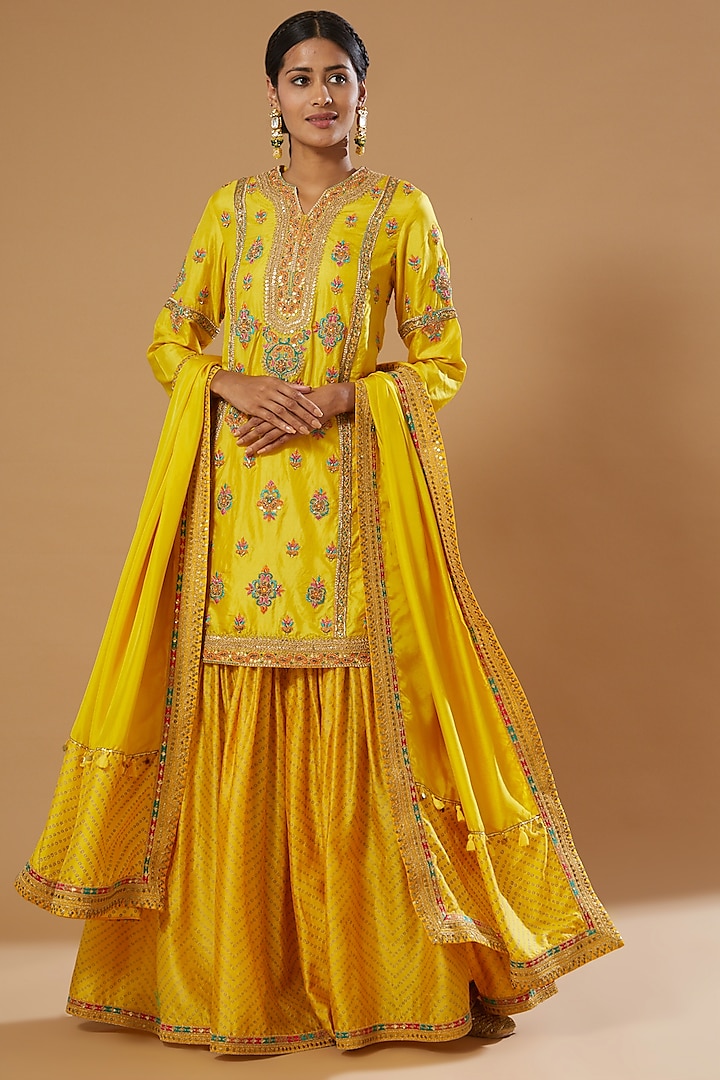 Mustard Silk Chanderi Sharara Set by Debyani at Pernia's Pop Up Shop