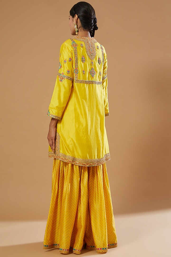Mustard Silk Chanderi Bridal Sharara Set by Debyani at Pernia's Pop Up Shop
