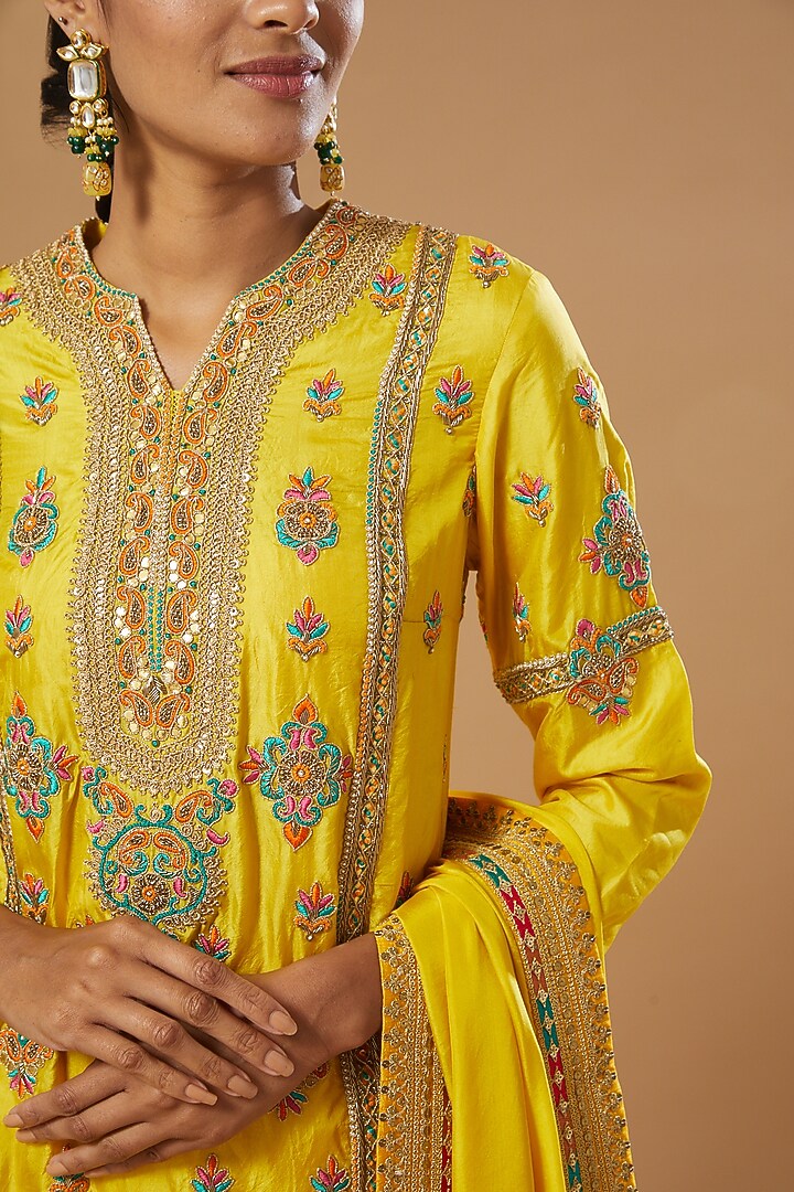 Mustard Silk Chanderi Bridal Sharara Set by Debyani at Pernia's Pop Up Shop