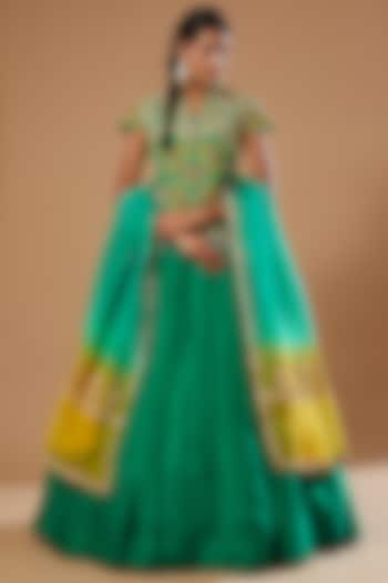 Green Raw Silk Jacket Wedding Lehenga Set by Debyani at Pernia's Pop Up Shop