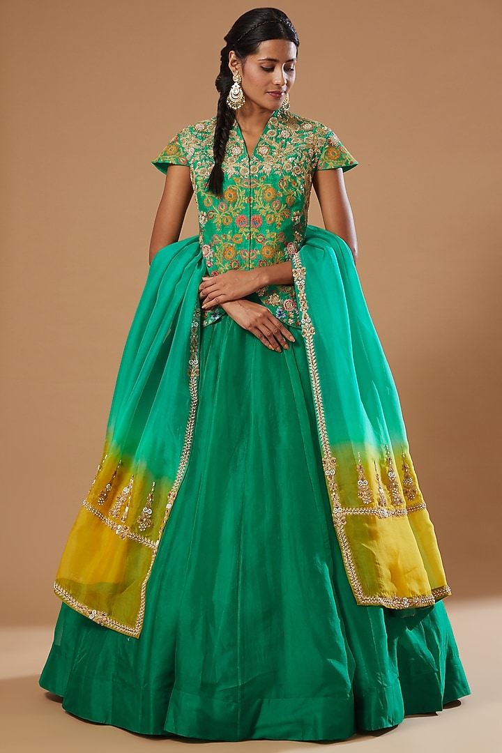 Green Raw Silk Jacket Wedding Lehenga Set by Debyani at Pernia's Pop Up Shop