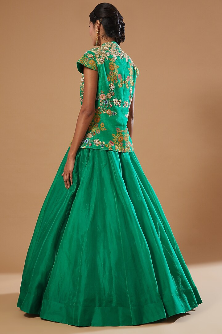 Green Raw Silk Jacket Wedding Lehenga Set by Debyani at Pernia's Pop Up Shop