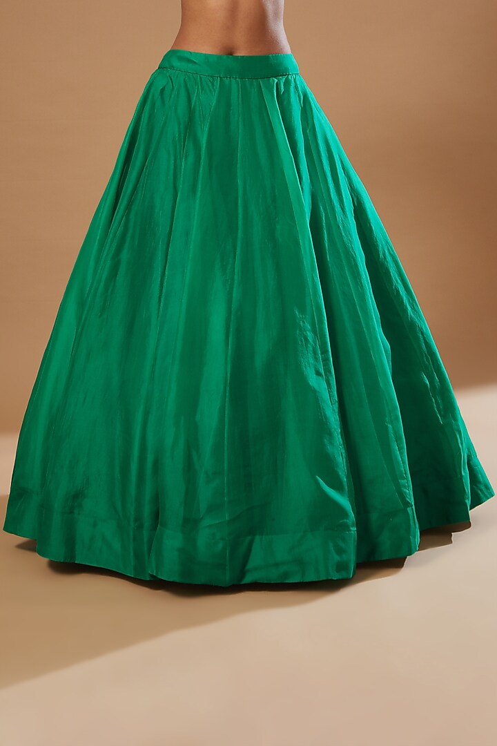Green Raw Silk Jacket Wedding Lehenga Set by Debyani at Pernia's Pop Up Shop