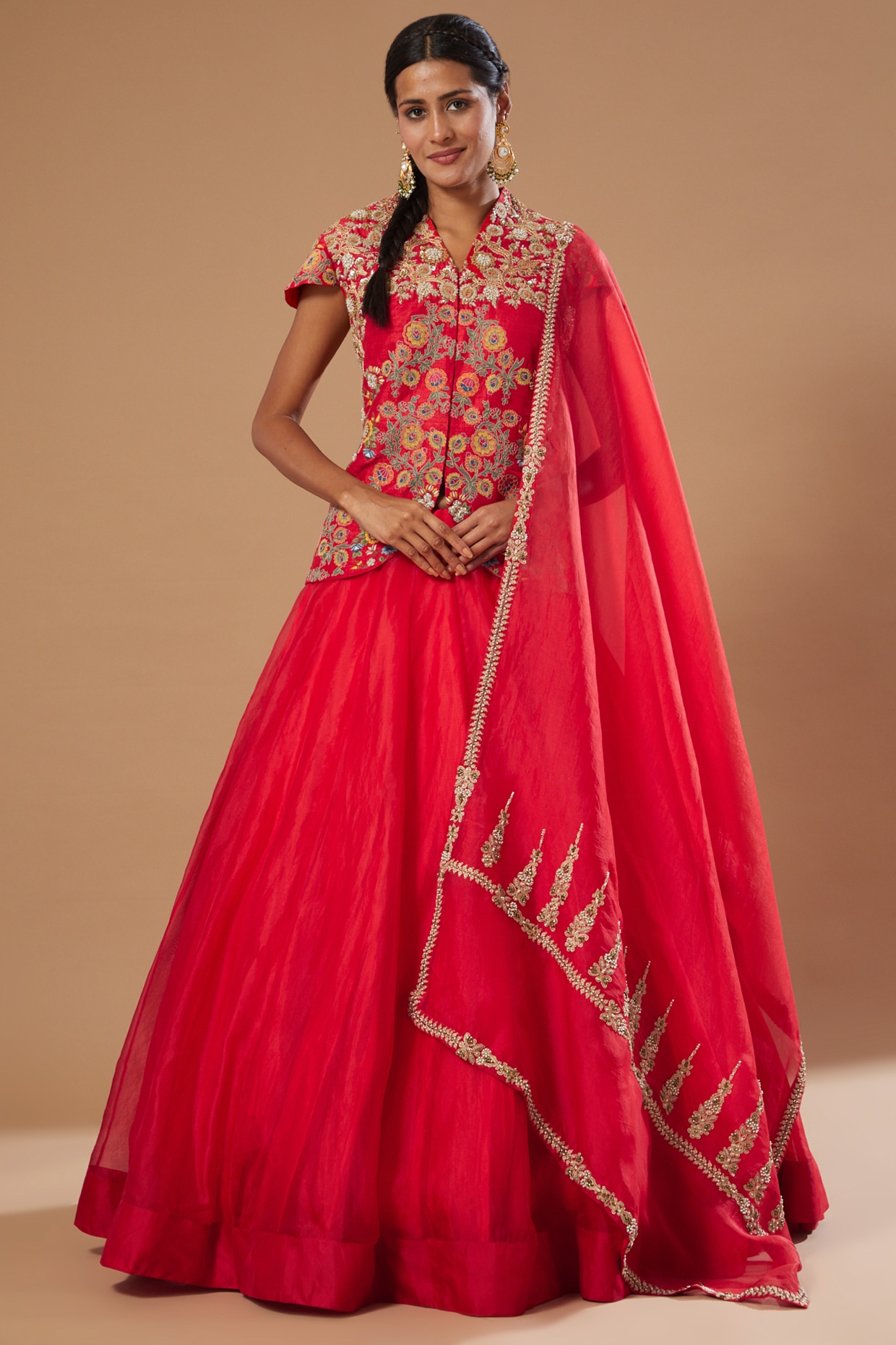 Buy Peach Silk Lehenga Set With Floral Jacket KALKI Fashion India