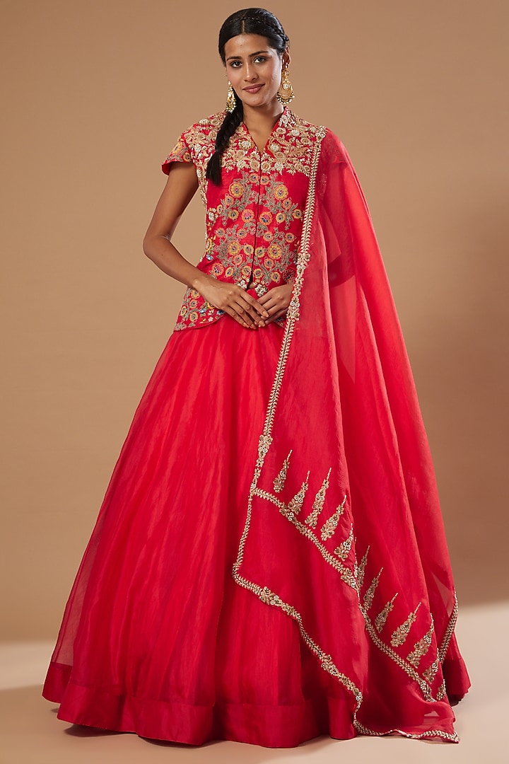 Red Raw Silk Jacket Wedding Lehenga Set by Debyani at Pernia's Pop Up Shop