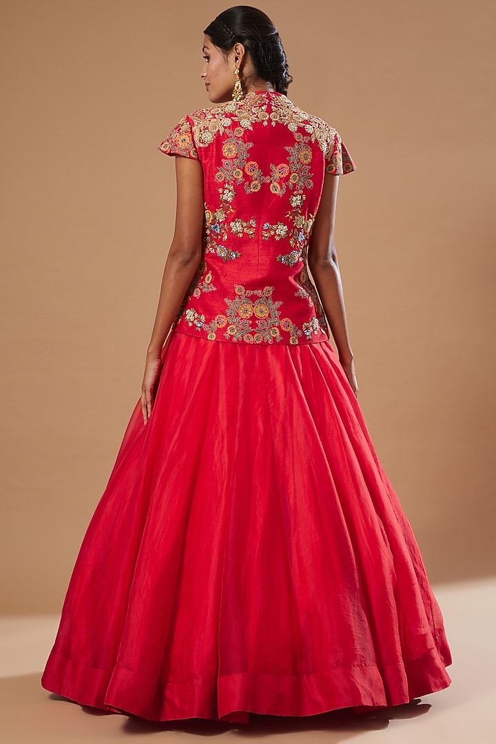 Red Raw Silk Jacket Wedding Lehenga Set by Debyani at Pernia's Pop Up Shop