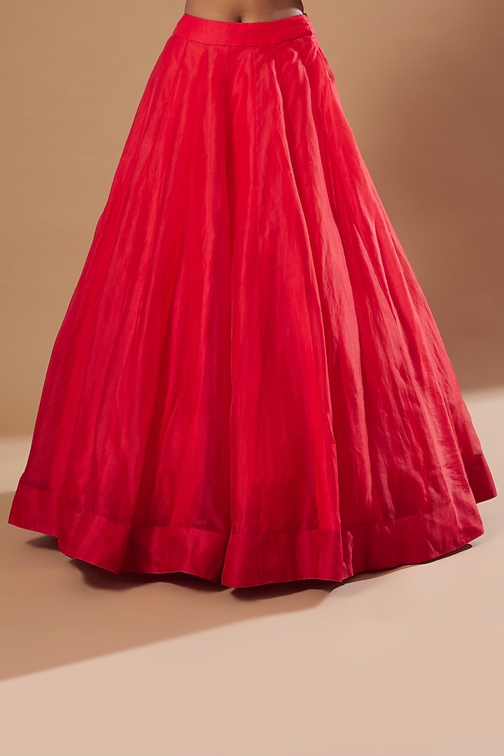 Red Raw Silk Jacket Wedding Lehenga Set by Debyani at Pernia's Pop Up Shop