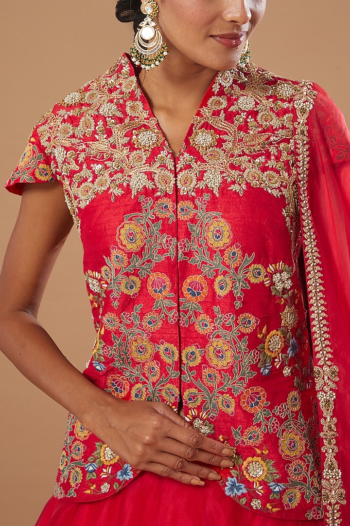 Red Raw Silk Jacket Wedding Lehenga Set by Debyani at Pernia's Pop Up Shop