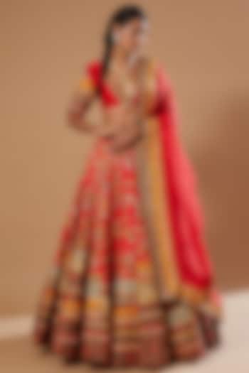 Red Raw Silk Chanderi Bridal Lehenga Set by Debyani at Pernia's Pop Up Shop