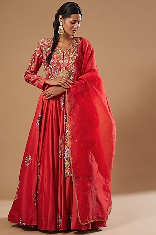 Red Chintz Kalidar Anarkali Set by Debyani