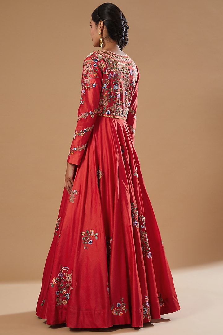 Red Chintz Kalidar Wedding Anarkali Set by Debyani at Pernia's Pop Up Shop