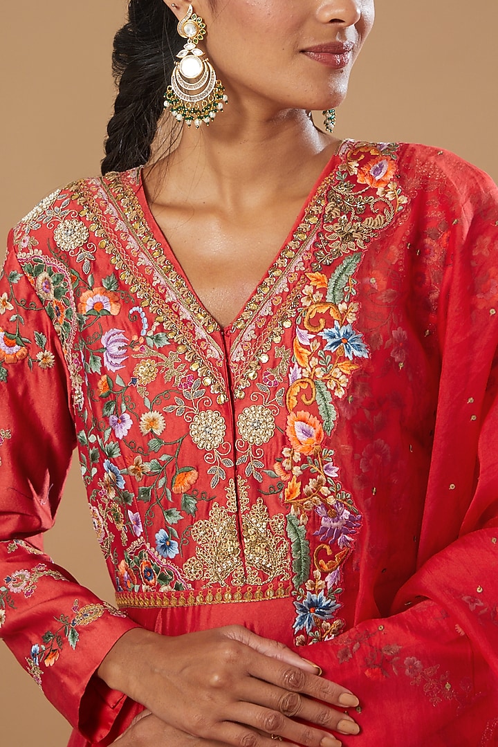 Red Chintz Kalidar Wedding Anarkali Set by Debyani at Pernia's Pop Up Shop