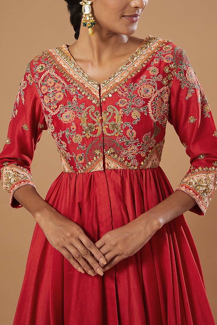 Red Chanderi Organza Tunic Set by Debyani at Pernia's Pop Up Shop