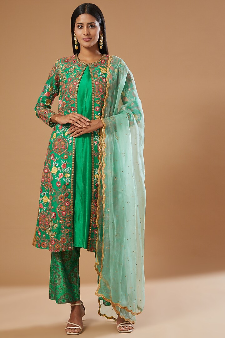 Green Organza Chanderi Mughal Jacket Set by Debyani at Pernia's Pop Up Shop