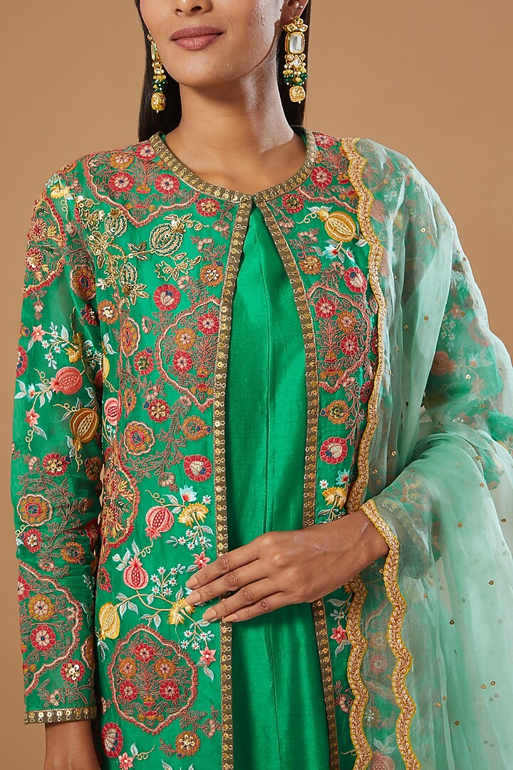 Green Organza Chanderi Mughal Jacket Set by Debyani at Pernia's Pop Up Shop