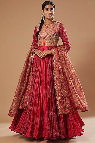 Red Crushed Kalidar Anarkali Set by Debyani