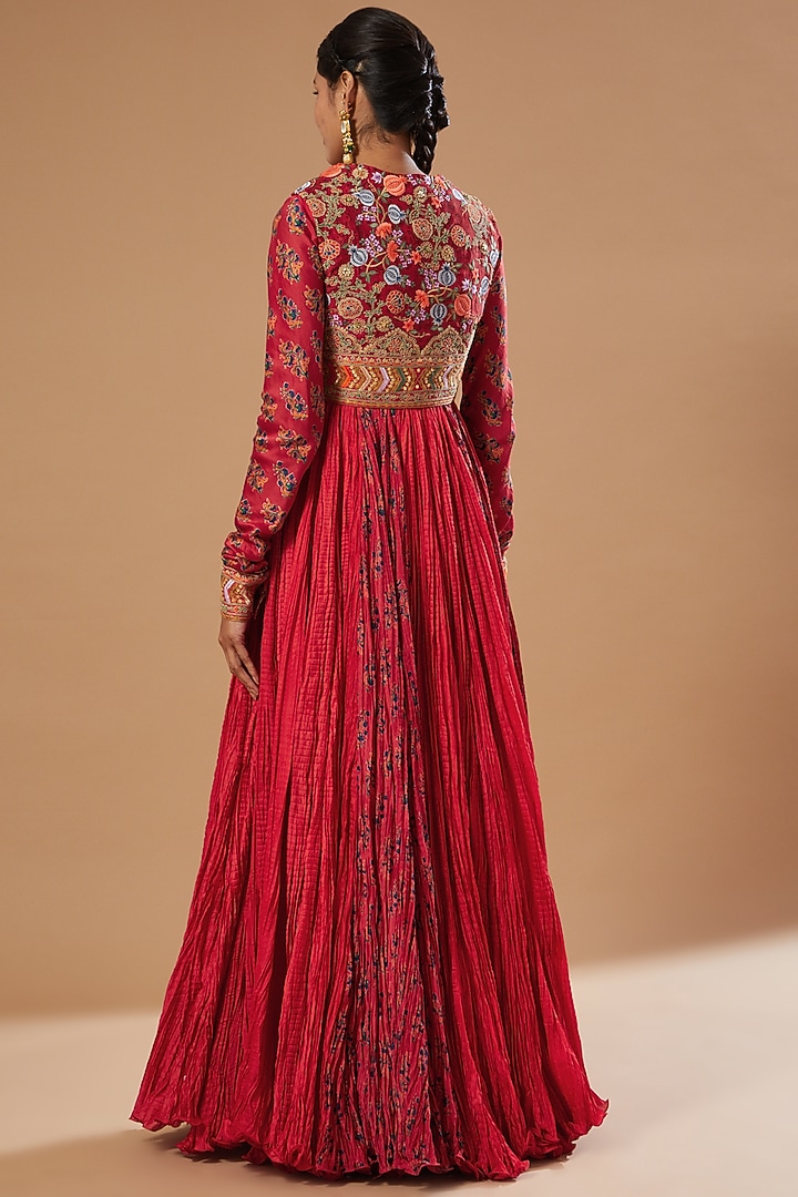 Red Crushed Kalidar Bridal Anarkali Set by Debyani at Pernia's Pop Up Shop