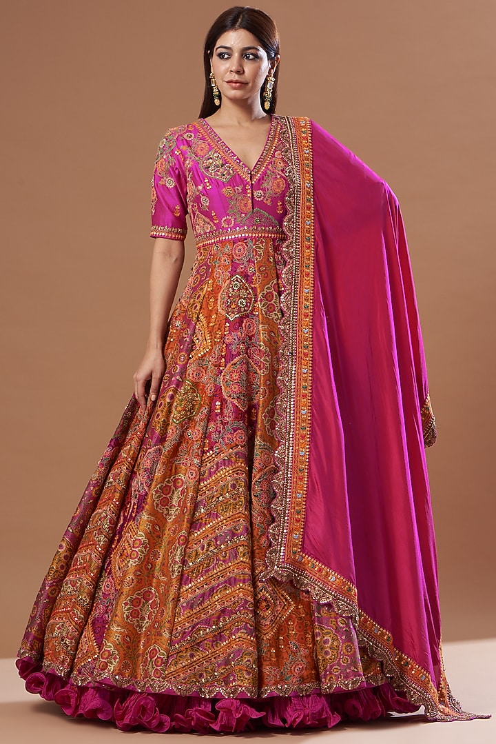 Magenta & Orange Chanderi Bridal Anarkali Set by Debyani at Pernia's Pop Up Shop