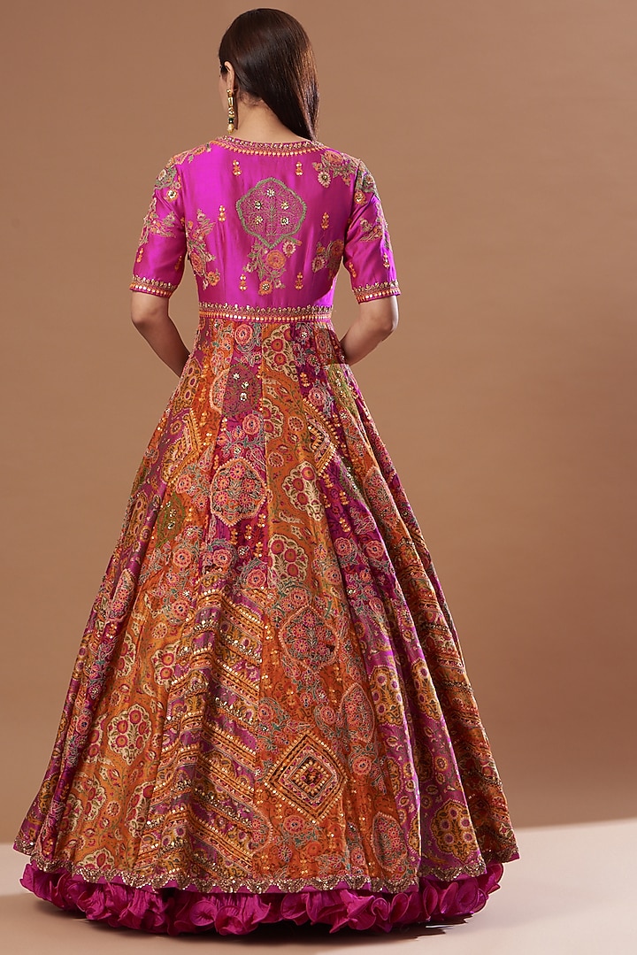 Magenta & Orange Chanderi Bridal Anarkali Set by Debyani at Pernia's Pop Up Shop