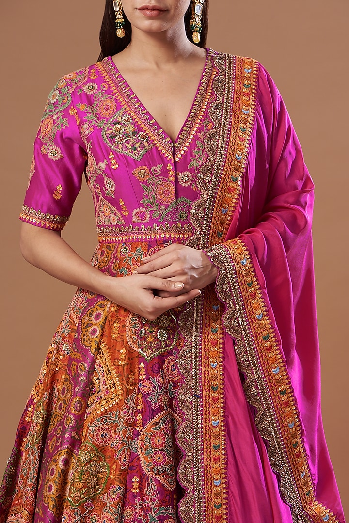 Magenta & Orange Chanderi Bridal Anarkali Set by Debyani at Pernia's Pop Up Shop