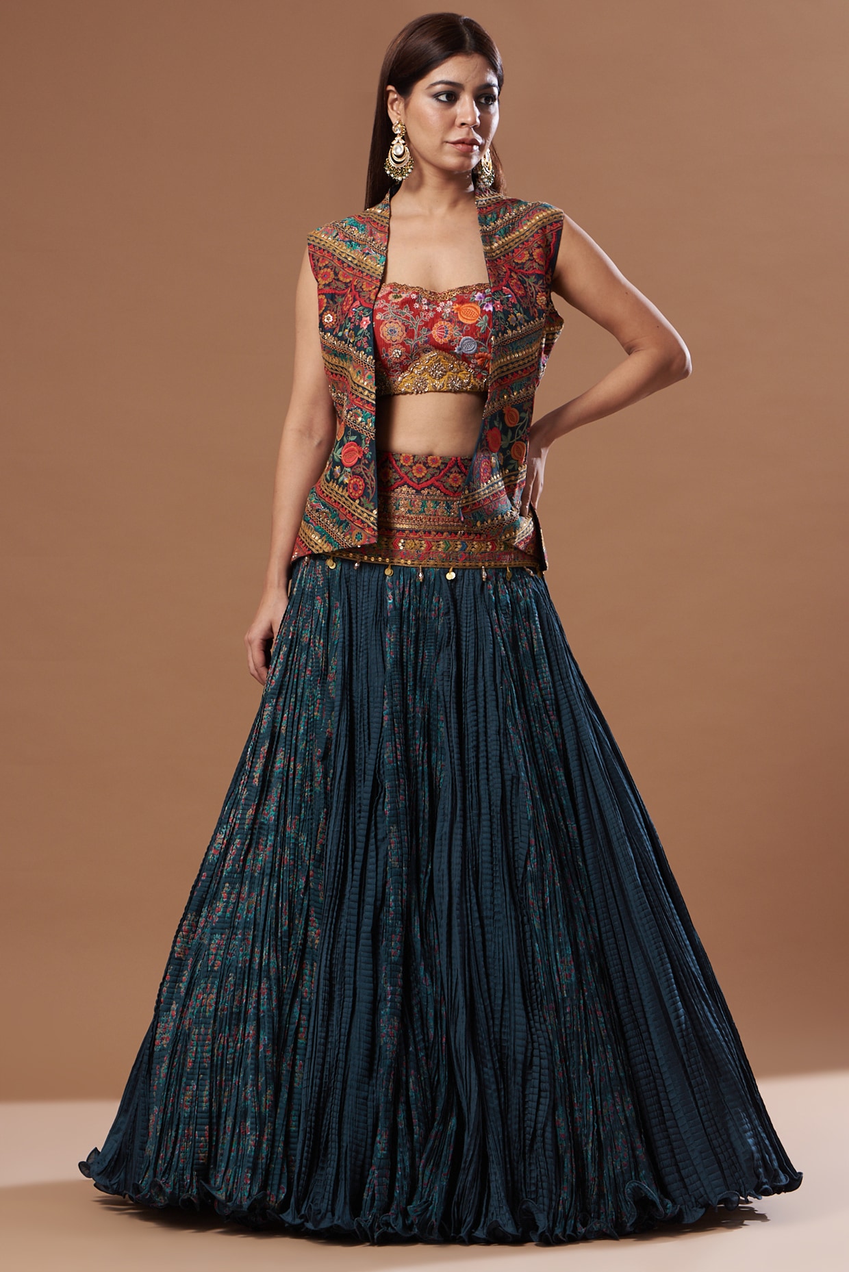 brocade box pleated long skirt