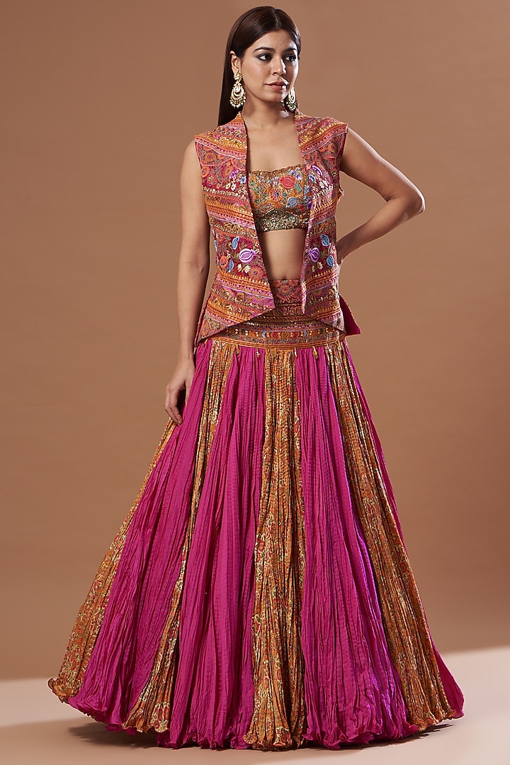 Pink Chanderi Skirt Set by Debyani