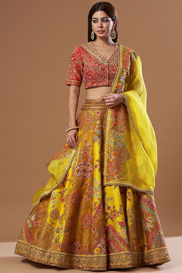 Mustard Raw Silk & Chanderi Bridal Lehenga Set by Debyani at Pernia's Pop Up Shop