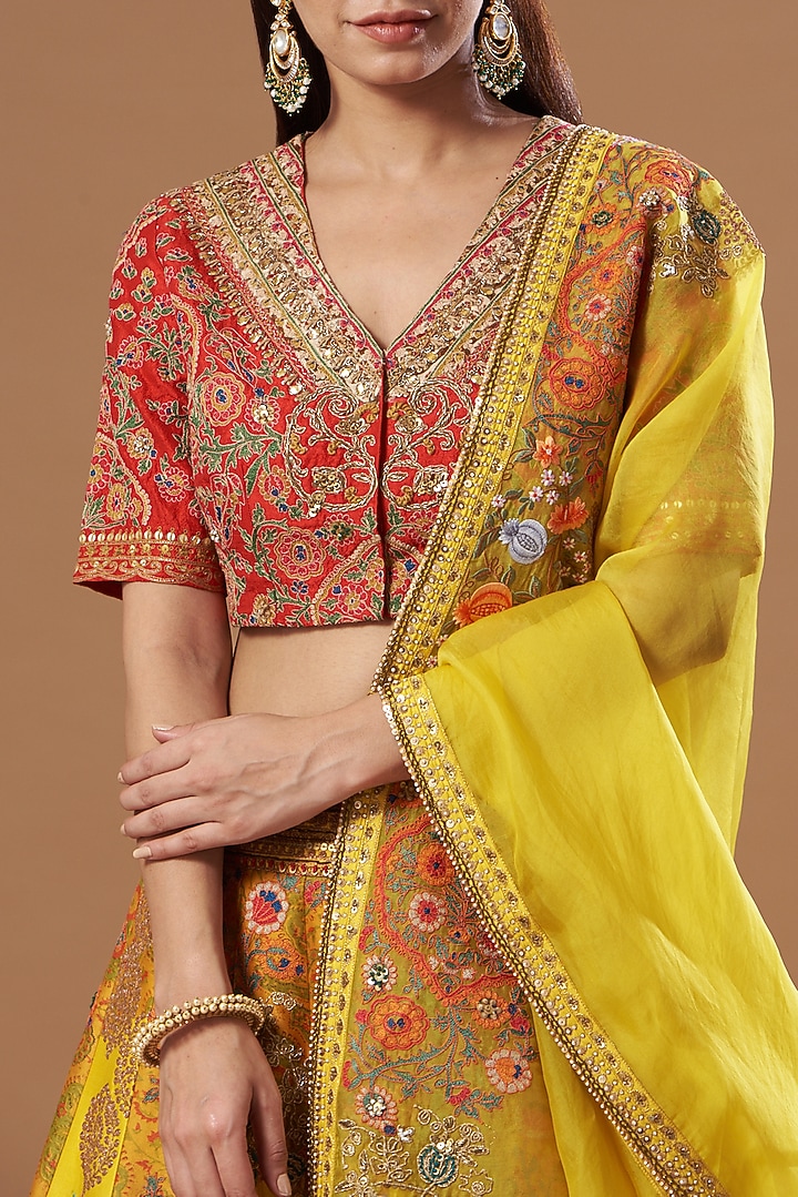 Mustard Raw Silk & Chanderi Bridal Lehenga Set by Debyani at Pernia's Pop Up Shop