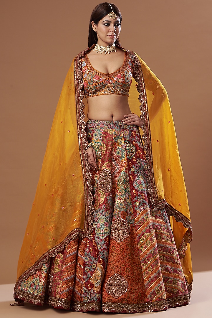 Orange Chanderi Bridal Lehenga Set by Debyani at Pernia's Pop Up