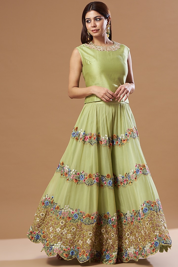 Pista Green Chanderi Bridal Sharara Set by Debyani at Pernia's Pop Up Shop