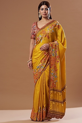 Mustard Habutai Silk Saree Set by Debyani