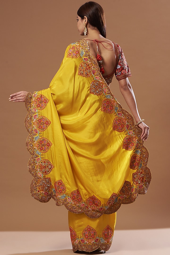 Mustard Silk Chanderi Reception Saree Set by Debyani at Pernia's Pop Up Shop